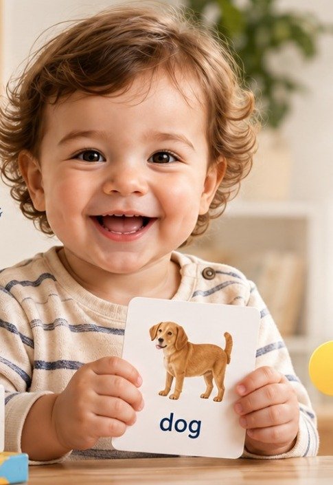 Bebê sorrindo segurando um card com a palavra dog