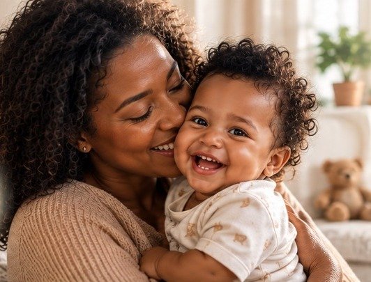 Mãe abraçando o bebê sorridente